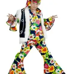 Hippie Flower Power 4-dlg (blouse, Broek, Vest, Hoofdband)